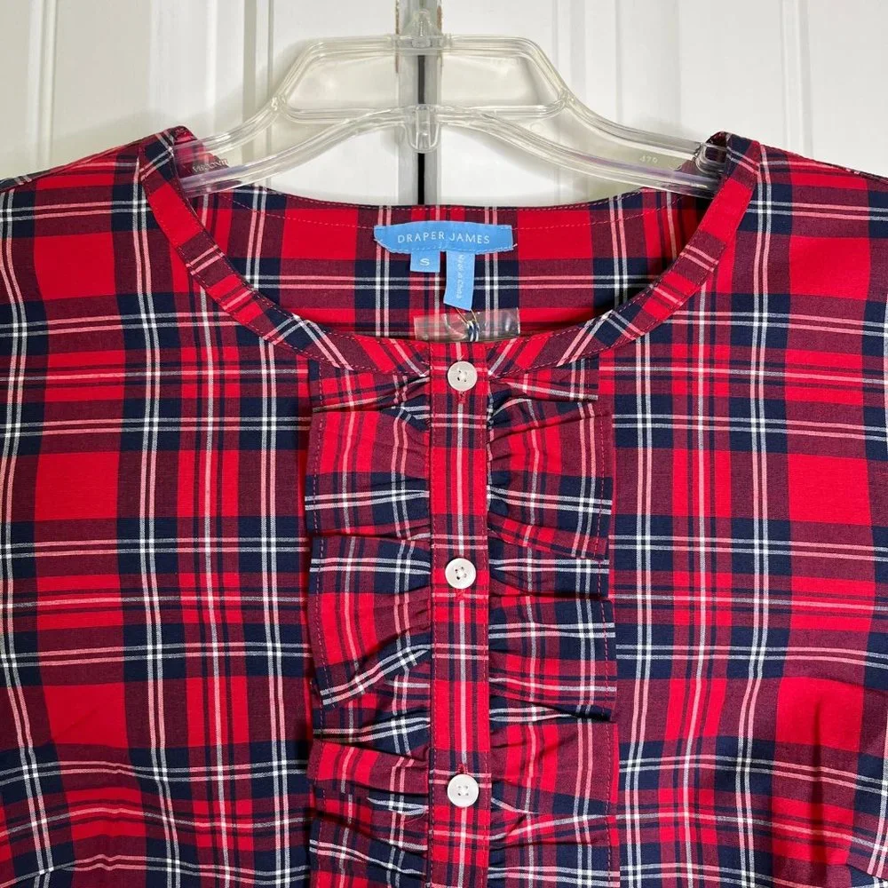 Draper James Red Plaid Button-Down Ruffle Front Top - Picture 5 of 7